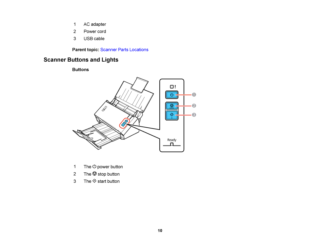 Epson DS-510 manual Scanner Buttons and Lights 