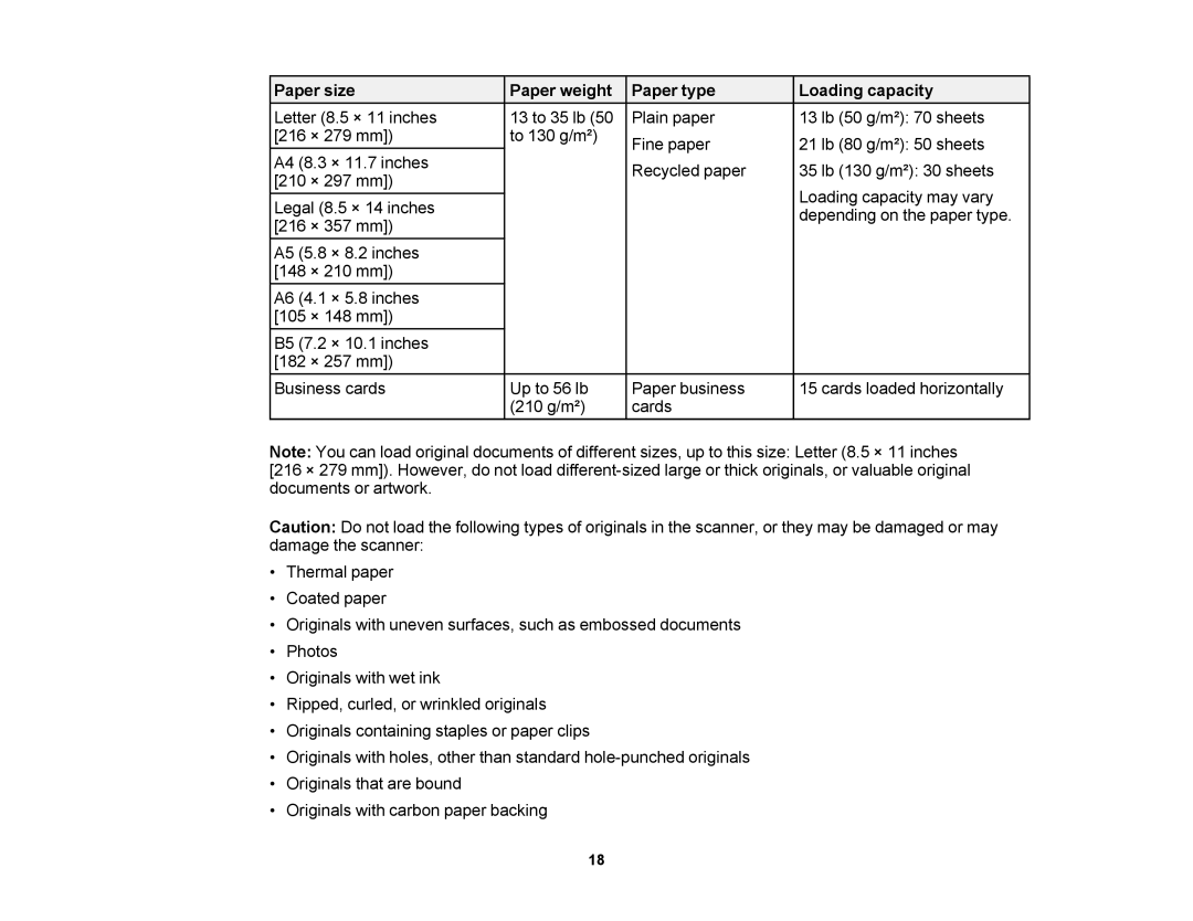 Epson DS-510 manual Paper size Paper weight Paper type Loading capacity 