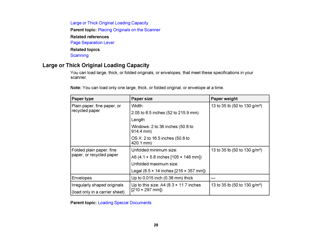 Epson DS-510 manual Large or Thick Original Loading Capacity, Paper type Paper size Paper weight 