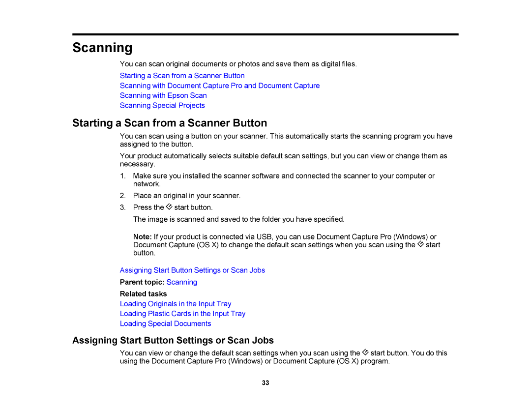 Epson DS-510 manual Starting a Scan from a Scanner Button, Assigning Start Button Settings or Scan Jobs 