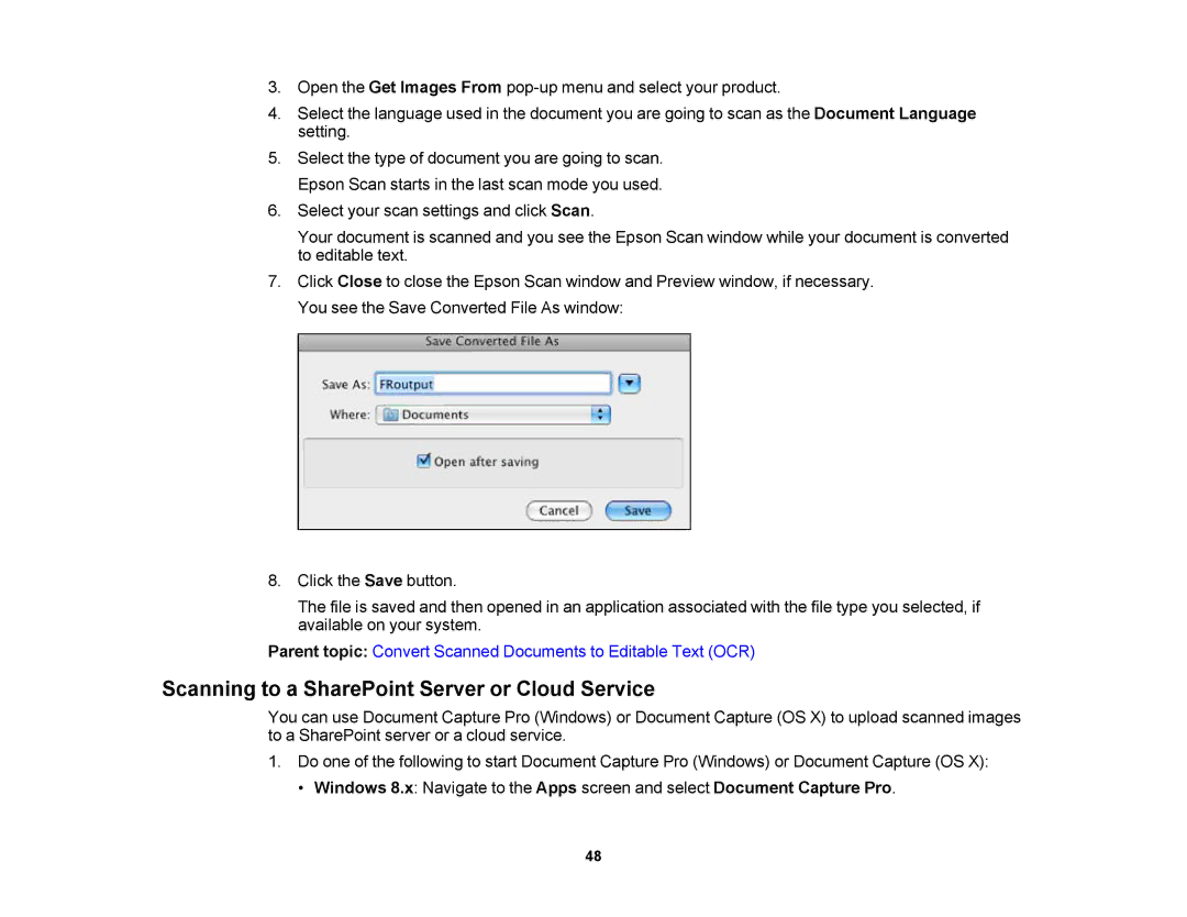 Epson DS-510 manual Scanning to a SharePoint Server or Cloud Service 