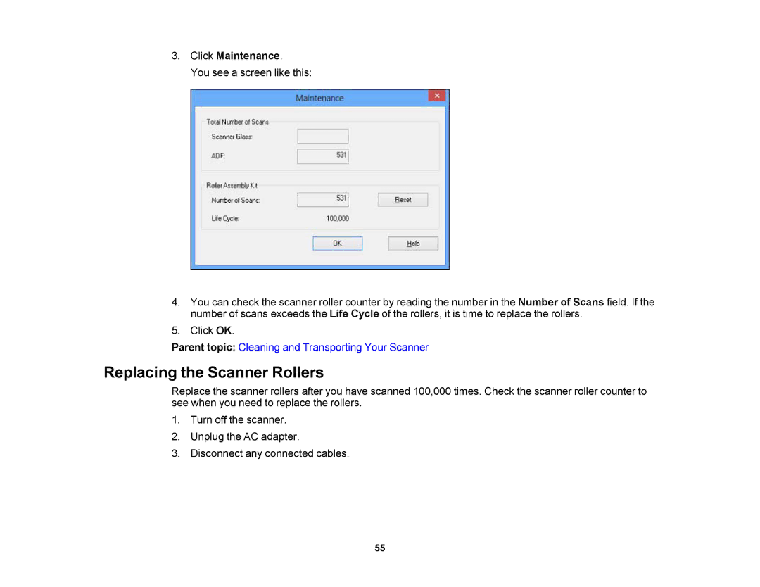 Epson DS-510 manual Replacing the Scanner Rollers, Click Maintenance 