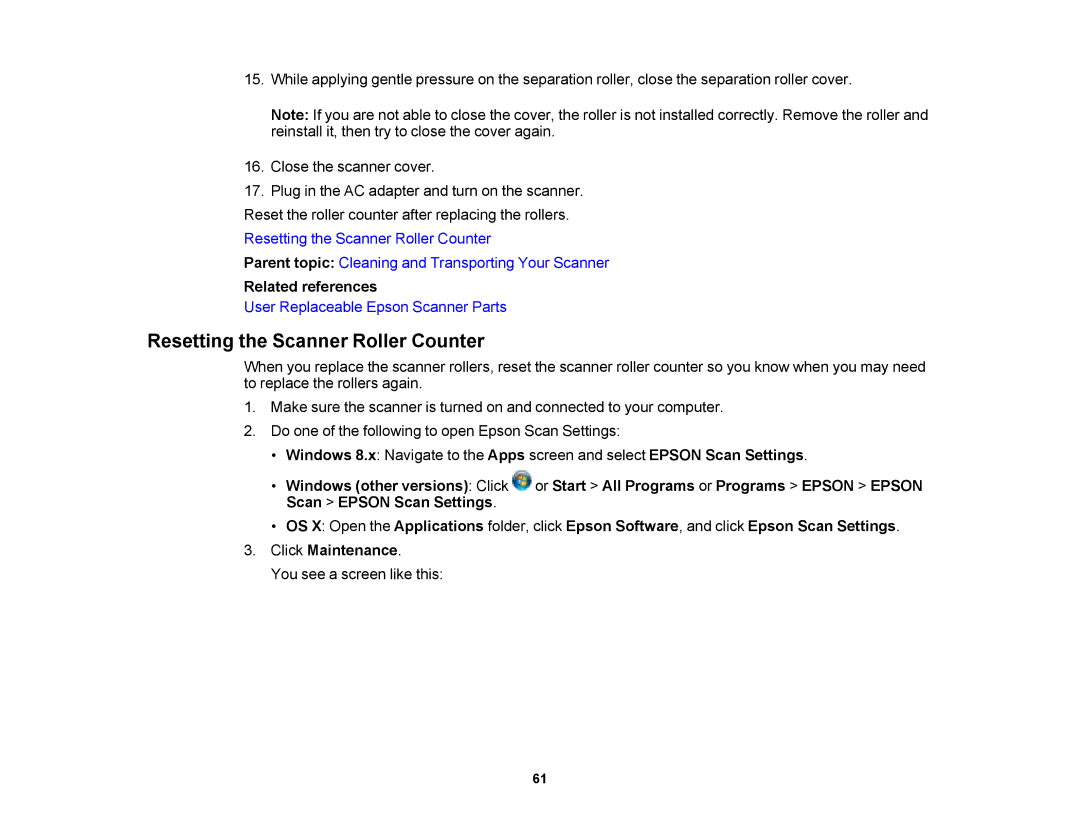 Epson DS-510 manual Resetting the Scanner Roller Counter, Related references 