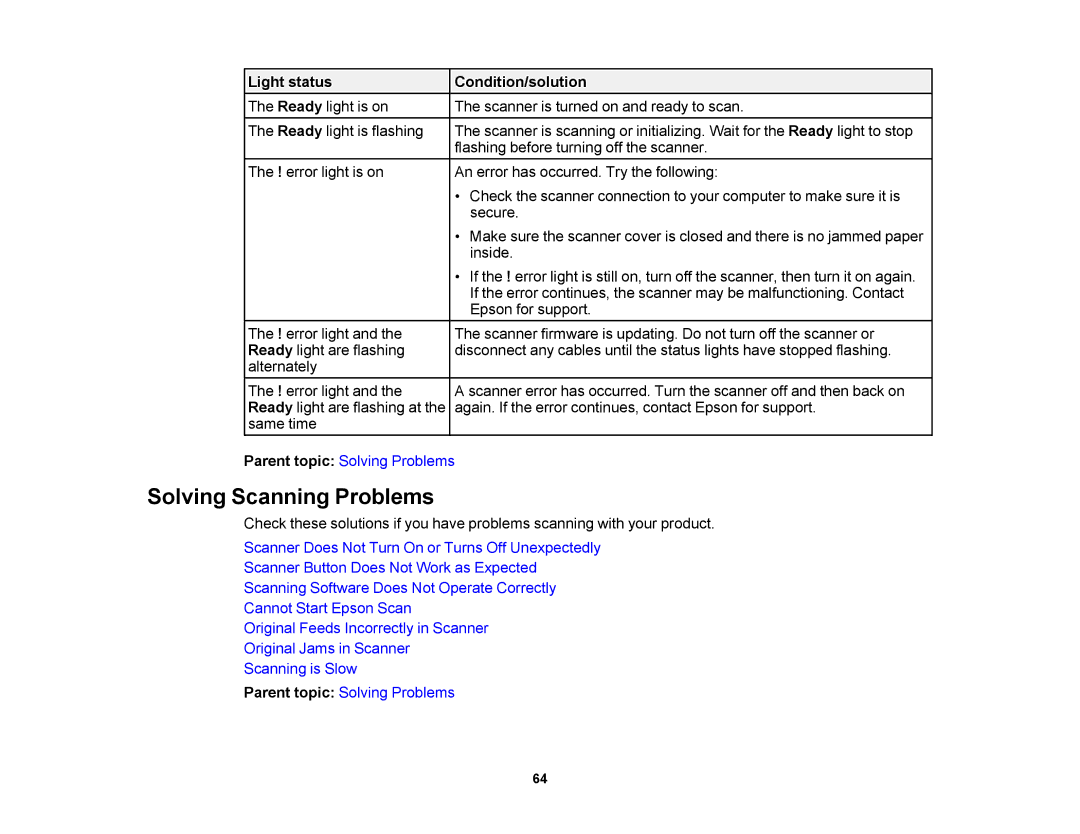 Epson DS-510 manual Solving Scanning Problems, Light status Condition/solution 