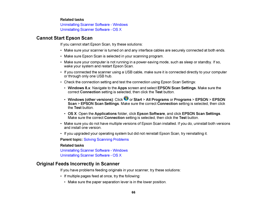 Epson DS-510 manual Cannot Start Epson Scan, Original Feeds Incorrectly in Scanner 