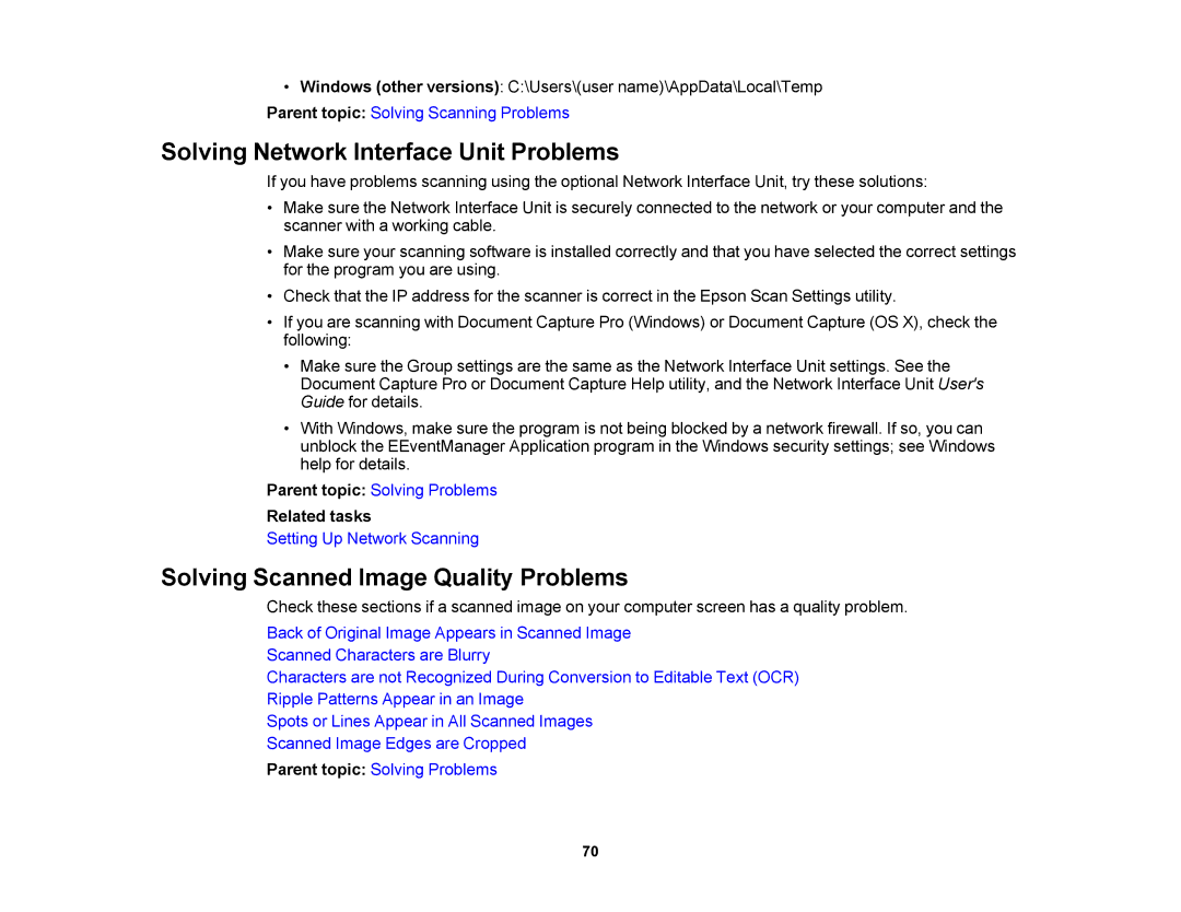 Epson DS-510 manual Solving Network Interface Unit Problems, Solving Scanned Image Quality Problems 