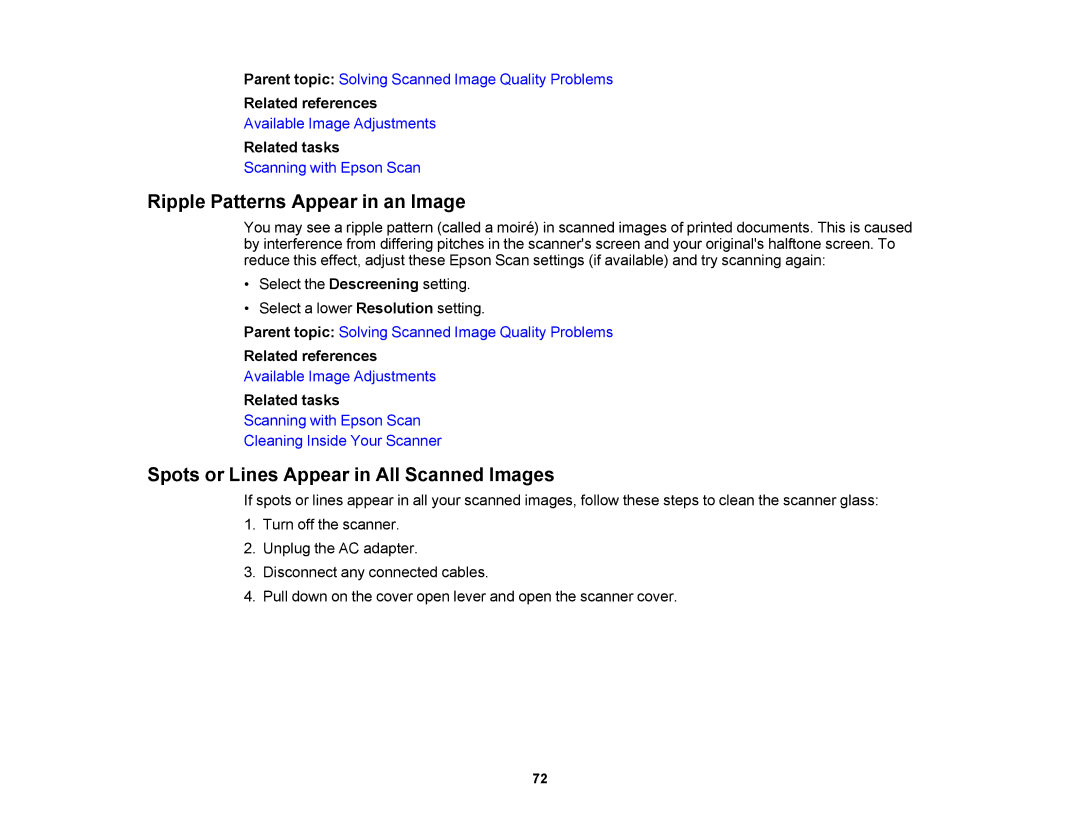 Epson DS-510 manual Ripple Patterns Appear in an Image, Spots or Lines Appear in All Scanned Images 