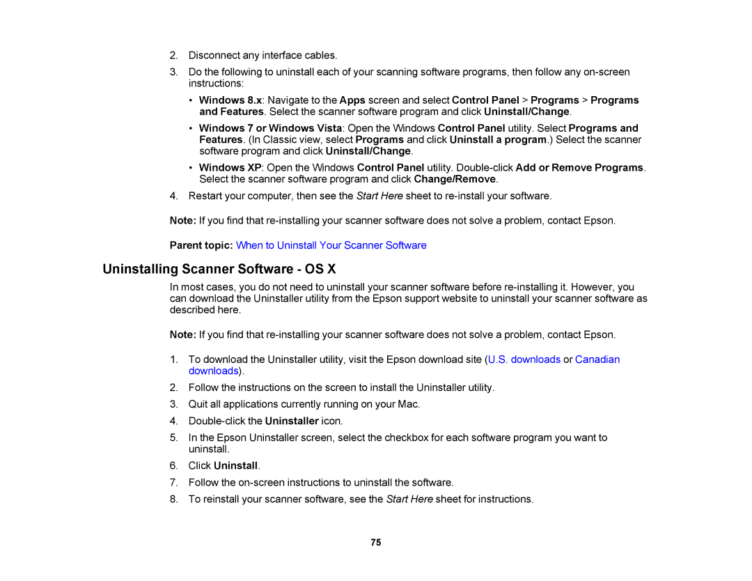 Epson DS-510 manual Uninstalling Scanner Software OS, Click Uninstall 