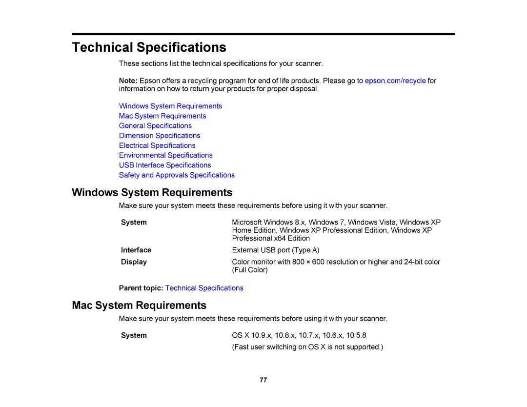 Epson DS-510 manual Windows System Requirements, Mac System Requirements, Interface, Display 