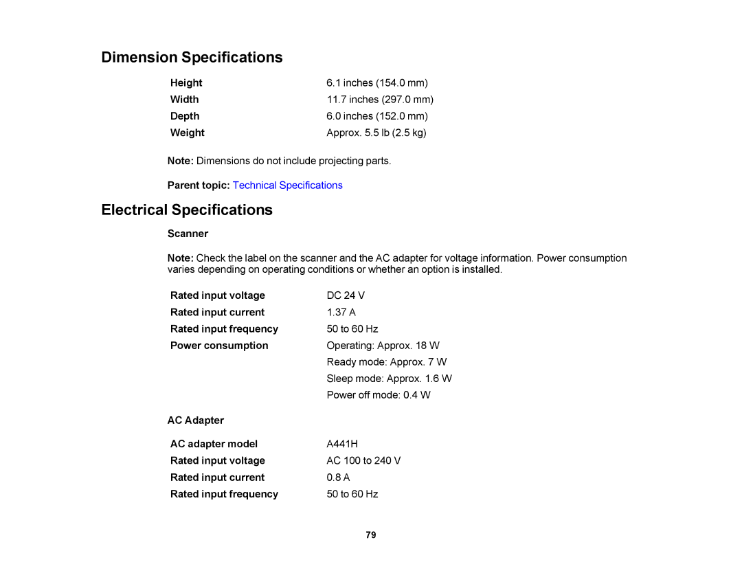 Epson DS-510 manual Dimension Specifications, Electrical Specifications 