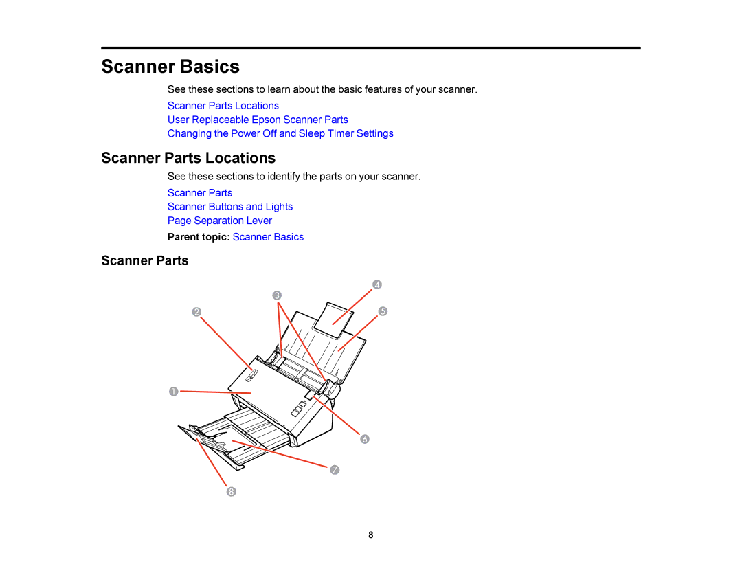 Epson DS-510 manual Scanner Parts Locations, Parent topic Scanner Basics 