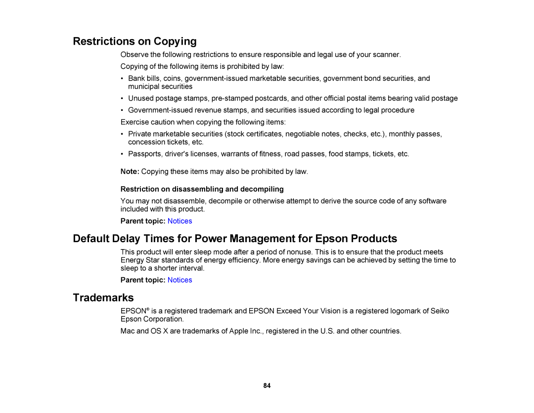 Epson DS-510 manual Restrictions on Copying, Default Delay Times for Power Management for Epson Products, Trademarks 