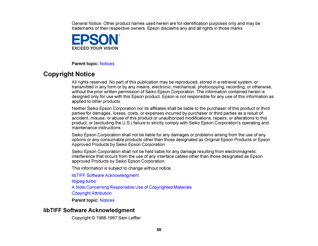 Epson DS-510 manual Copyright Notice, LibTIFF Software Acknowledgment 