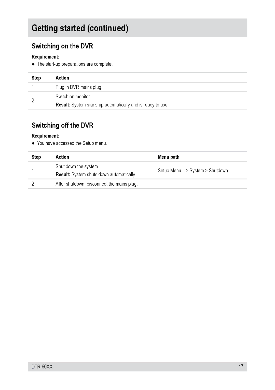 Epson DTR-60XX, DTR-6008/250CD, DTR-6016/750CD, DTR-6016/250CD Switching on the DVR, Switching off the DVR, Step Action 