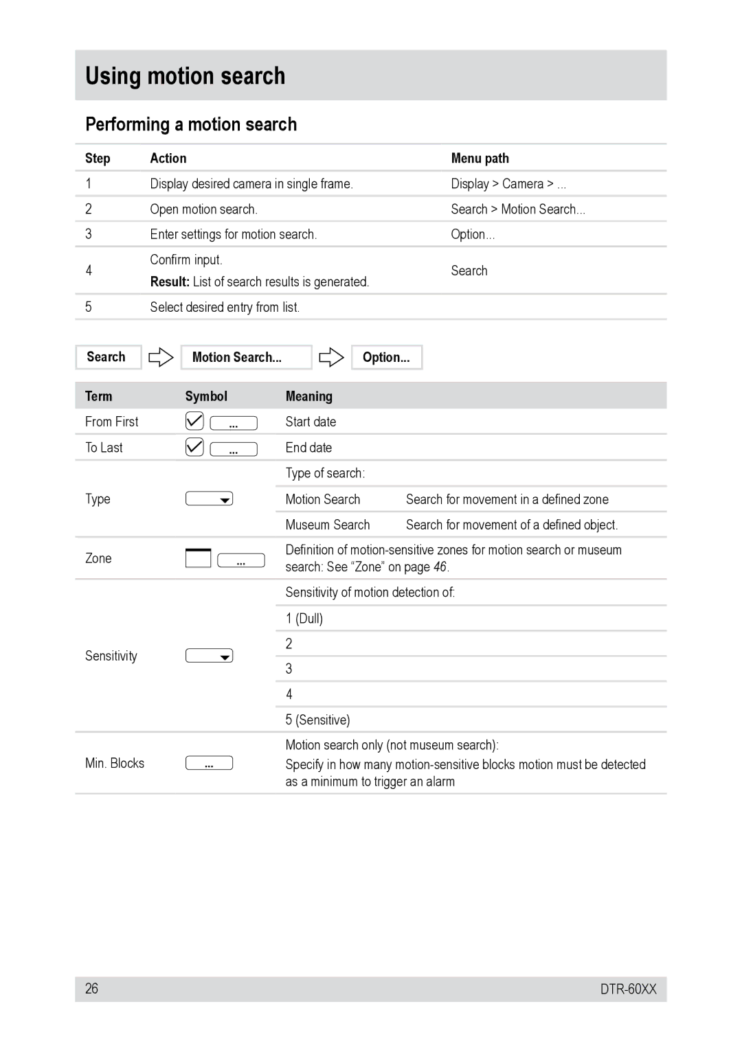 Epson DTR-6016/750CD Using motion search, Performing a motion search, Search Term Motion Search Symbol Meaning Option 