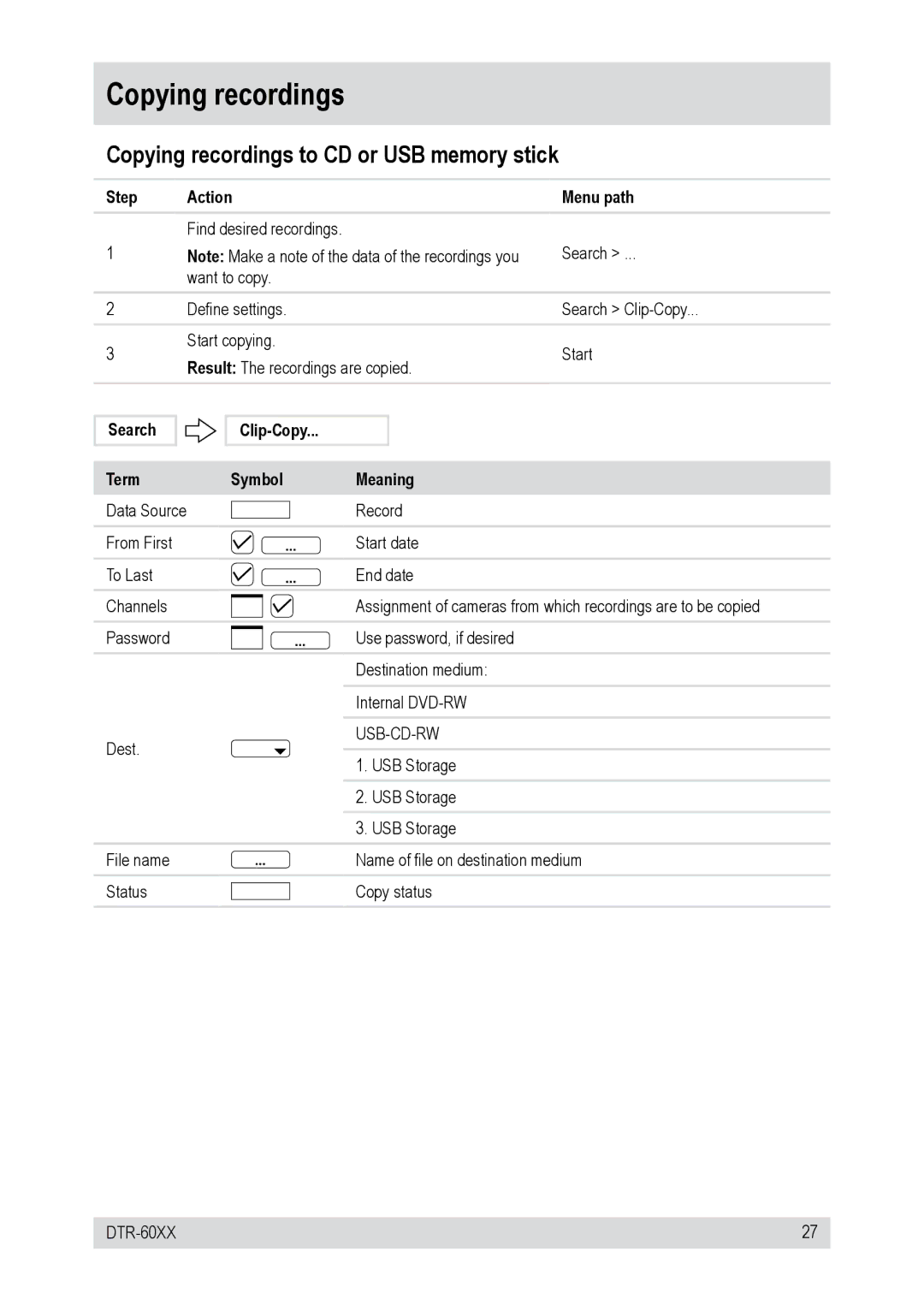 Epson DTR-60XX, DTR-6008/250CD Copying recordings to CD or USB memory stick, Search Term Clip-Copy Symbol Meaning 