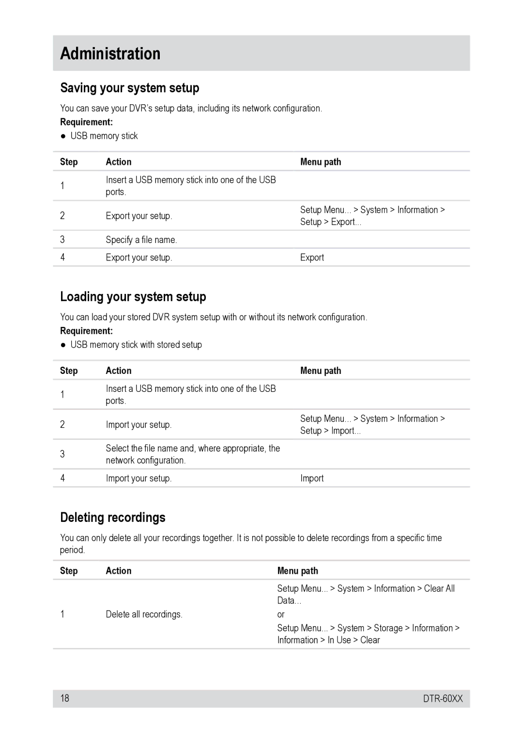 Epson DTR-6008/500CD manual Administration, Saving your system setup, Loading your system setup, Deleting recordings 