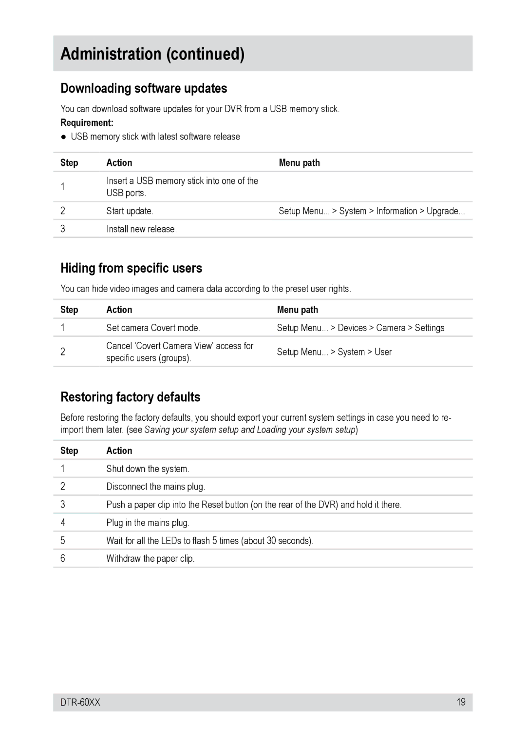 Epson DTR-6016/500CD, DTR-6008/500CD Downloading software updates, Hiding from specific users, Restoring factory defaults 