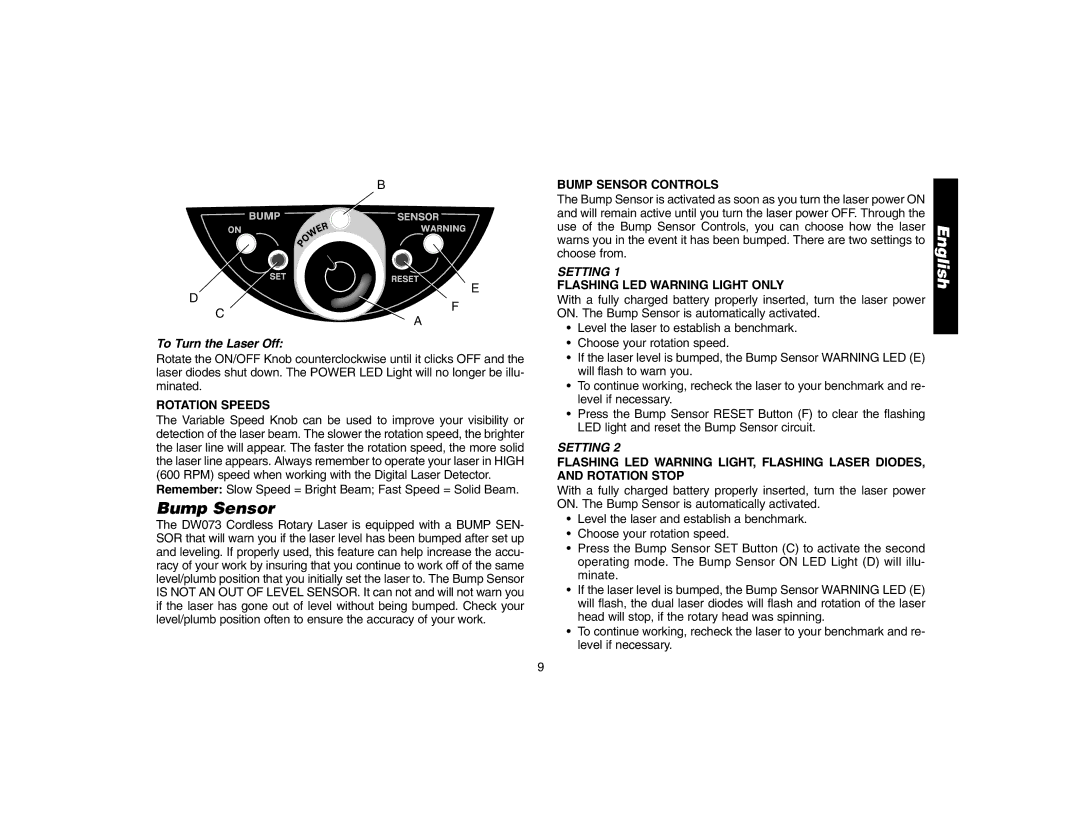 Epson DW073 instruction manual Bump Sensor Controls, Setting, Flashing LED Warning Light only, Rotation Speeds 