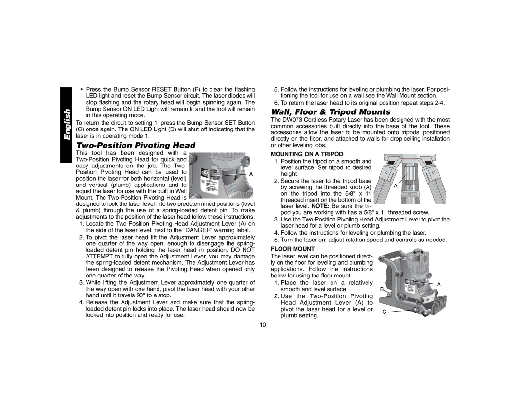 Epson DW073 instruction manual Two-Position Pivoting Head, Wall, Floor & Tripod Mounts, Mounting on a Tripod, Floor Mount 