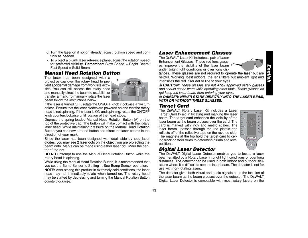 Epson DW073 instruction manual Manual Head Rotation Button, Laser Enhancement Glasses, Target Card, Digital Laser Detector 