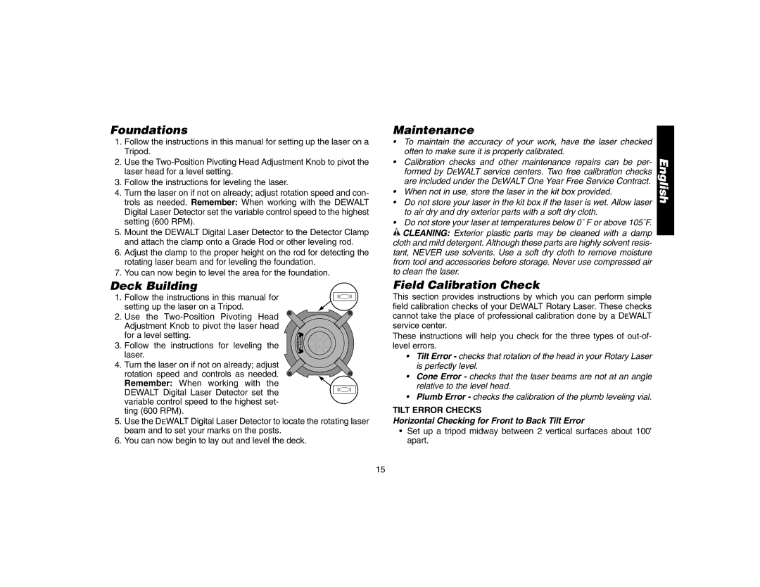 Epson DW073 instruction manual Foundations, Deck Building, Maintenance, Field Calibration Check, Tilt Error Checks 