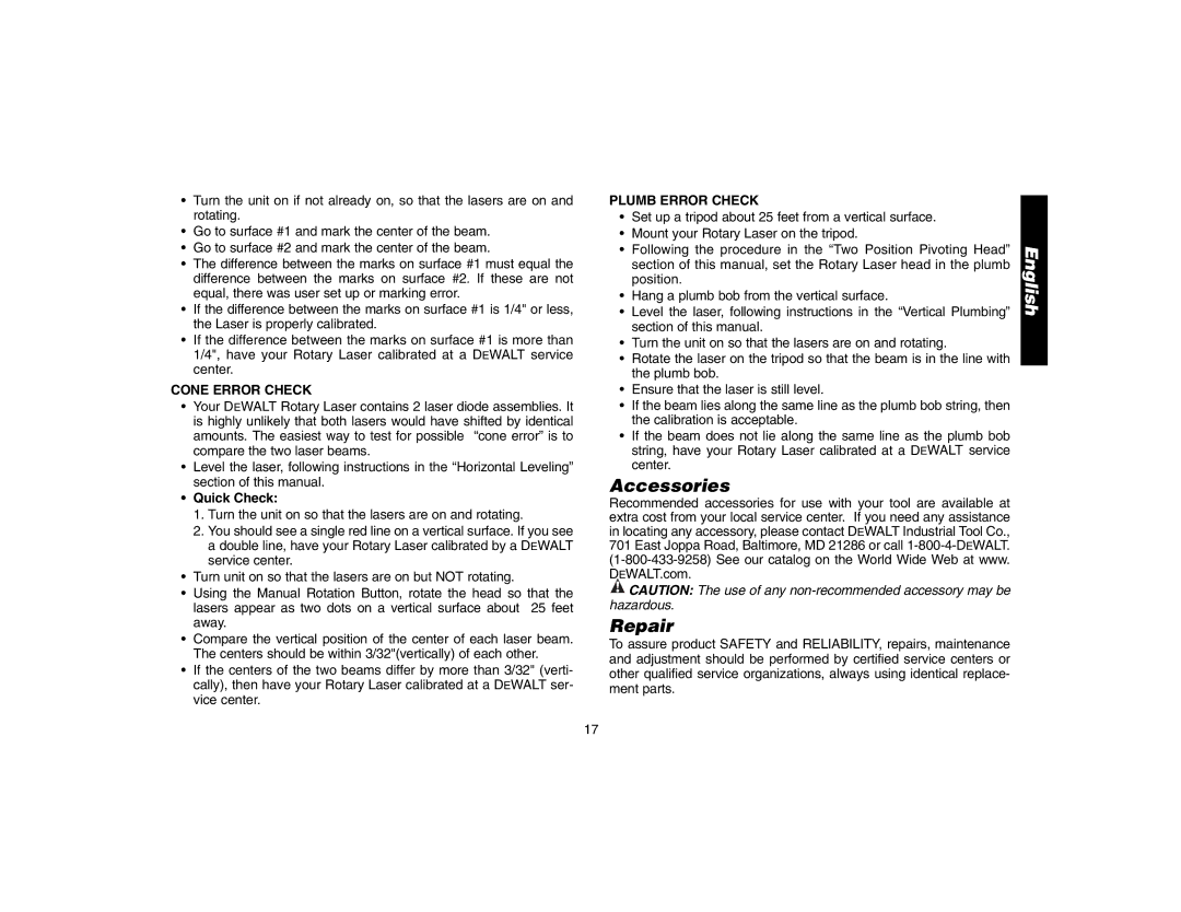 Epson DW073 instruction manual Accessories Repair, Cone Error Check, Plumb Error Check 