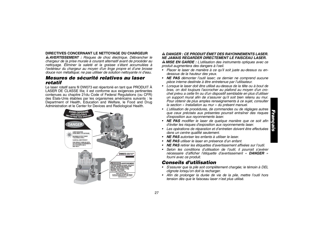 Epson DW073 instruction manual Mesures de sécurité relatives au laser rotatif, Conseils d’utilisation 