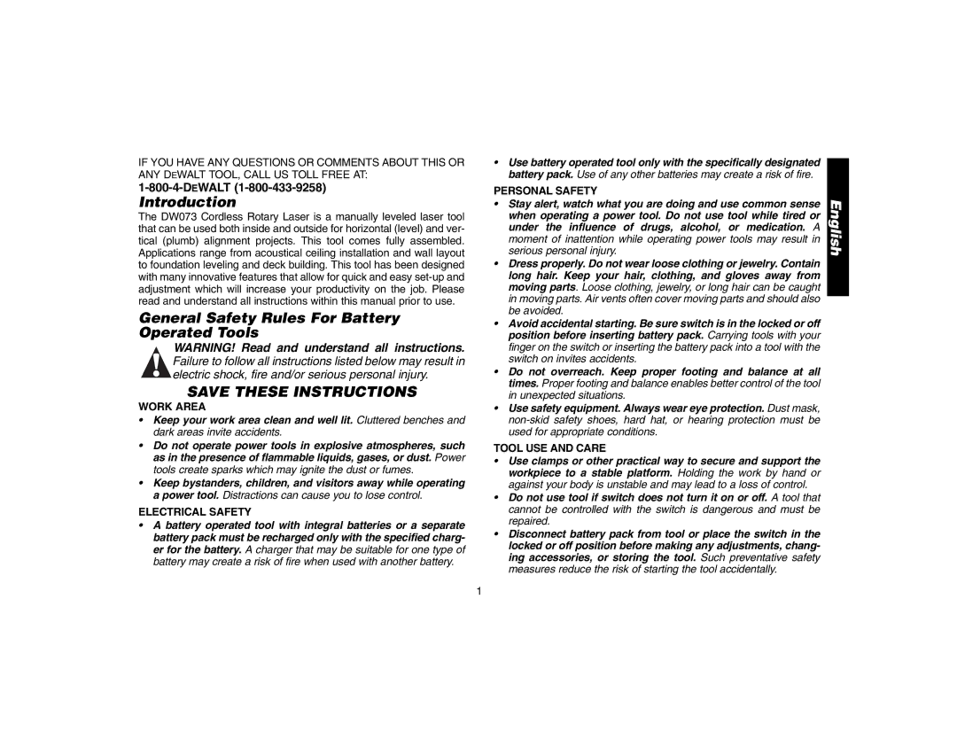 Epson DW073 instruction manual Introduction, General Safety Rules For Battery Operated Tools 