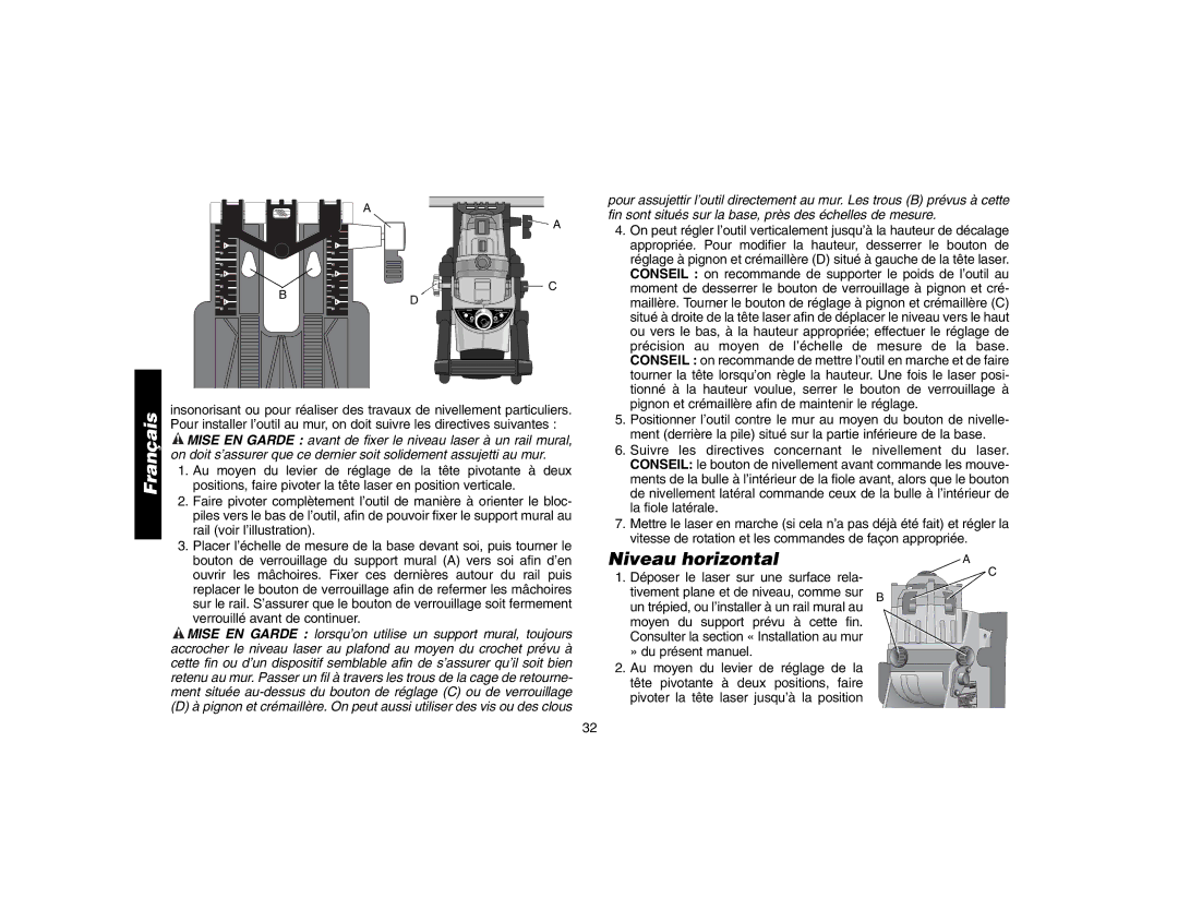 Epson DW073 instruction manual Niveau horizontal, Pignon et crémaillère afin de maintenir le réglage 