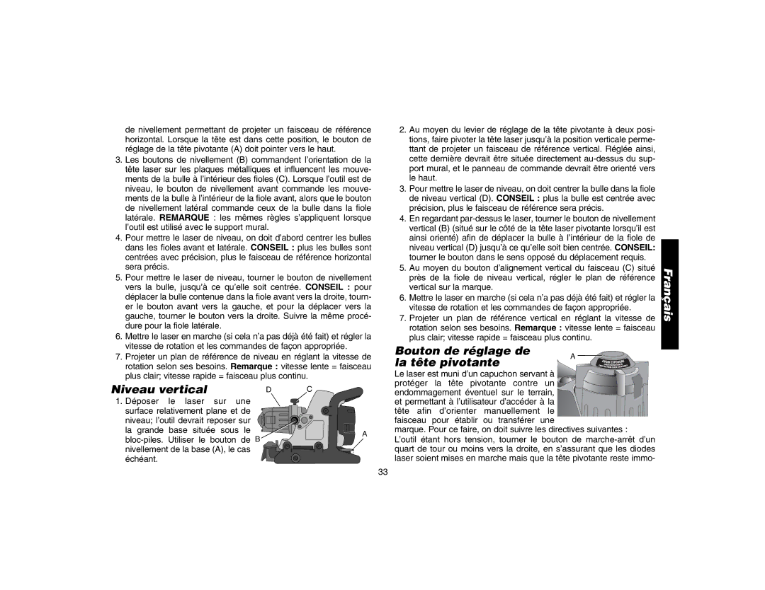 Epson DW073 instruction manual Bouton de réglage de La tête pivotante, Niveau vertical 