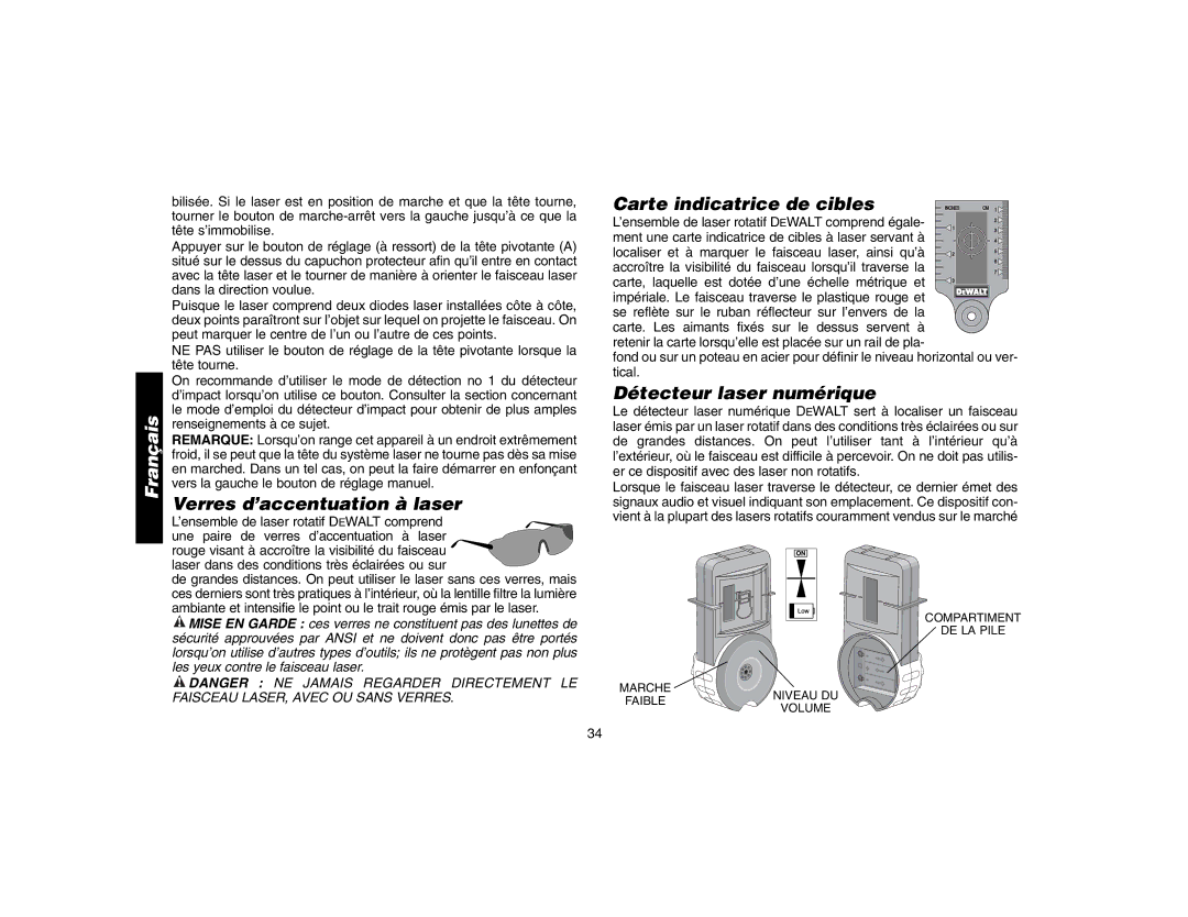 Epson DW073 instruction manual Verres d’accentuation à laser, Carte indicatrice de cibles, Détecteur laser numérique 