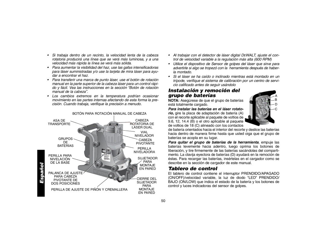 Epson DW073 instruction manual Instalación y remoción del grupo de baterías, Tablero de control 