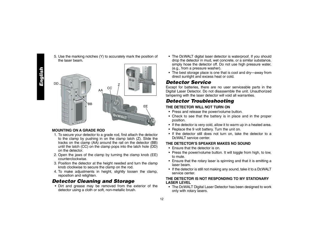 Epson DW076 instruction manual Detector Cleaning and Storage, Detector Service, Detector Troubleshooting 