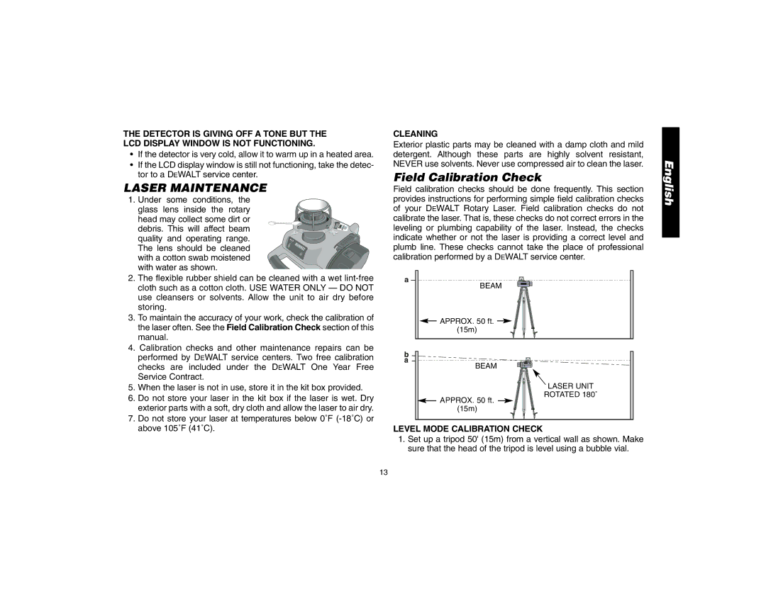 Epson DW076 instruction manual Laser Maintenance, Field Calibration Check, Cleaning, Level Mode Calibration Check 