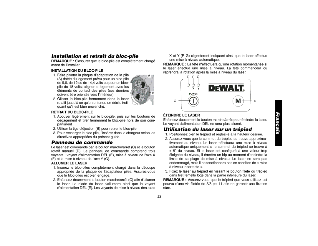 Epson DW076 Installation et retrait du bloc-pile, Panneau de commande, Utilisation du laser sur un trépied 