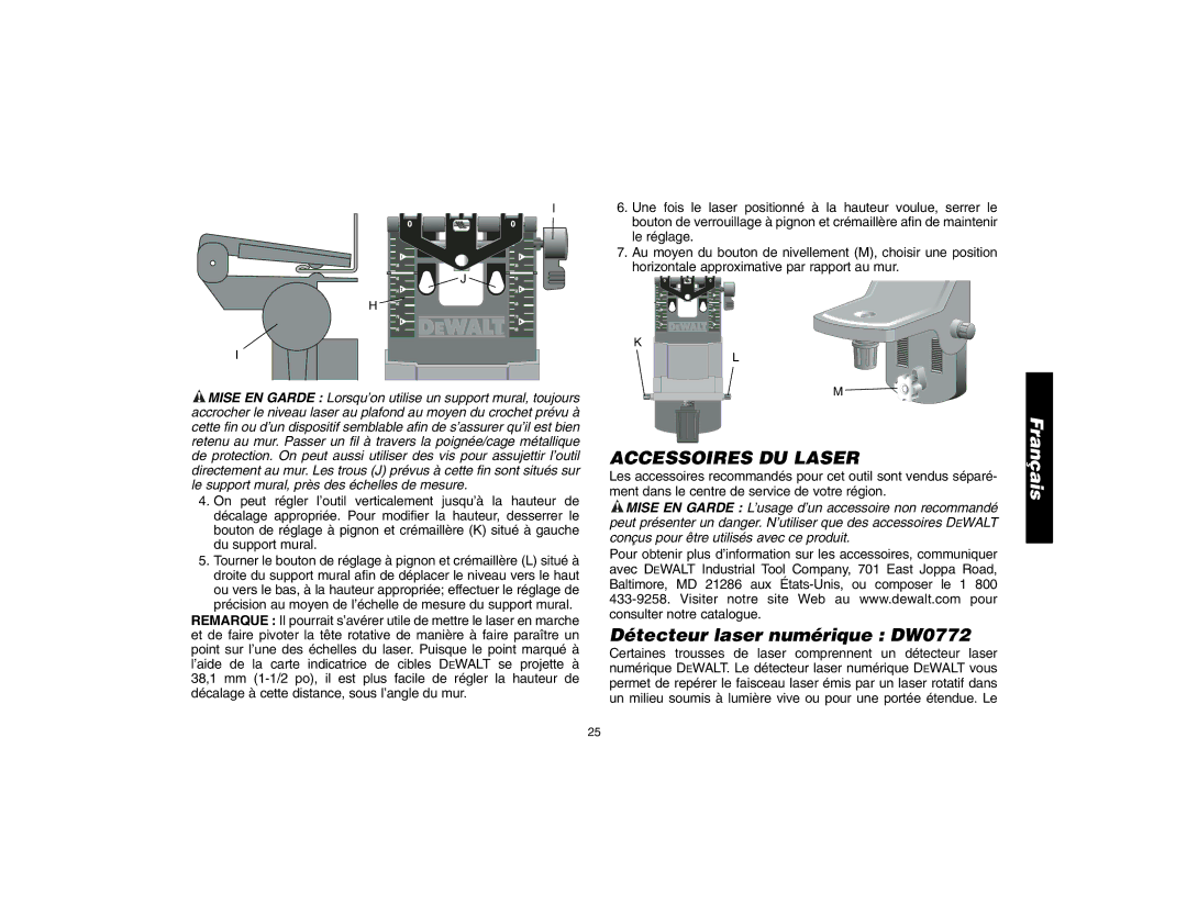 Epson DW076 instruction manual Accessoires DU Laser, Détecteur laser numérique DW0772 