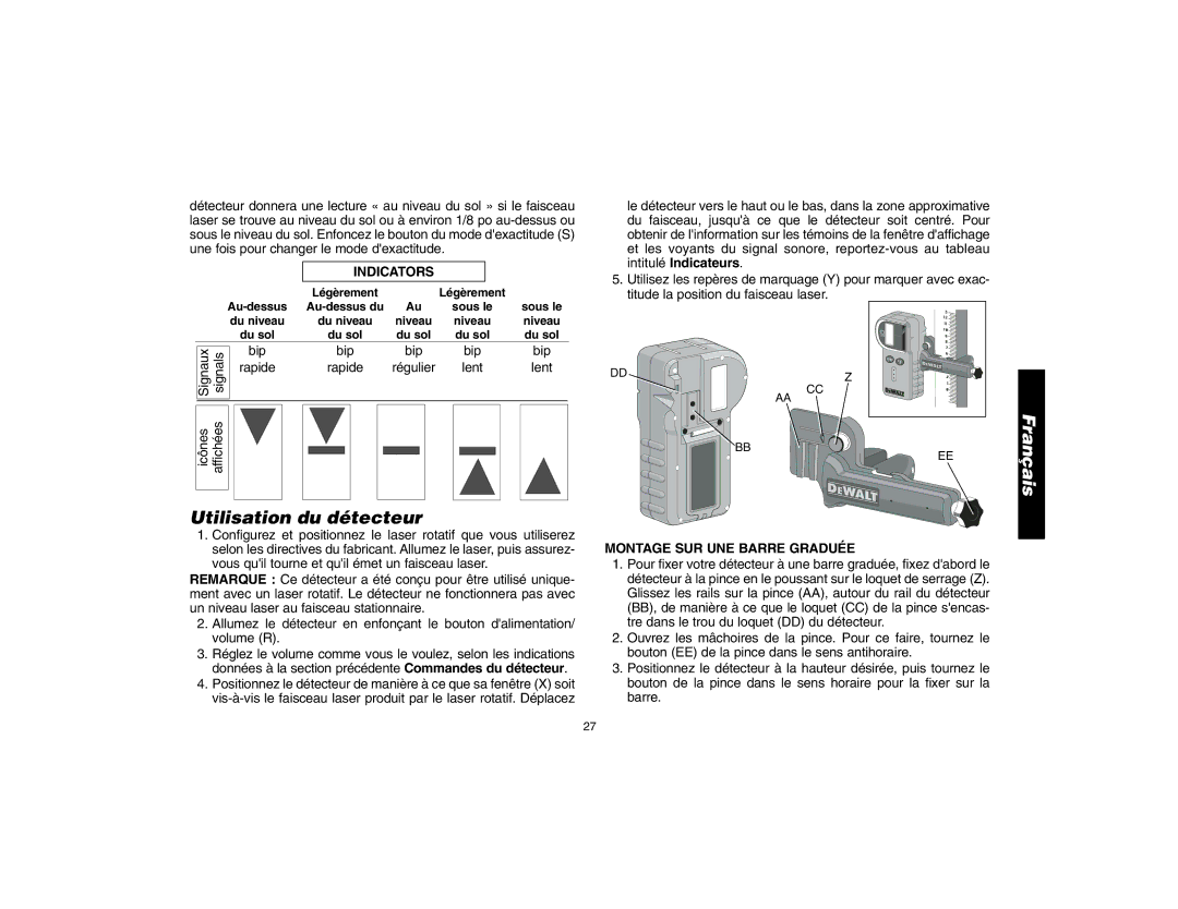 Epson DW076 instruction manual Utilisation du détecteur, Montage SUR UNE Barre Graduée 