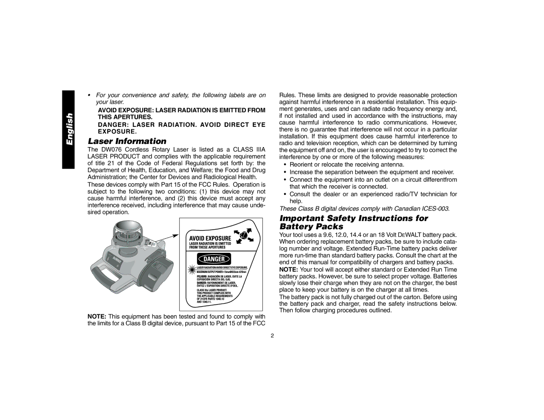 Epson DW076 instruction manual Laser Information, Important Safety Instructions for Battery Packs 