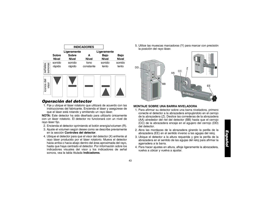 Epson DW076 instruction manual Operación del detector, Indicadores, Montaje Sobre UNA Barra Niveladora 