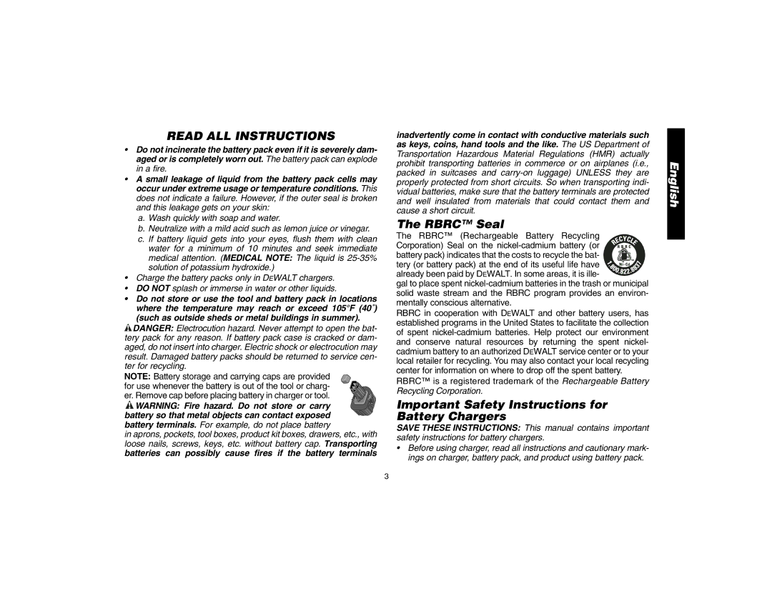 Epson DW076 instruction manual Read ALL Instructions, Rbrc Seal, Important Safety Instructions for Battery Chargers 