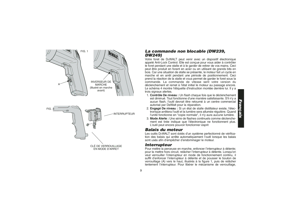 Epson DW217 instruction manual La commande non blocable DW239, DW249, Balais du moteur, Interrupteur 