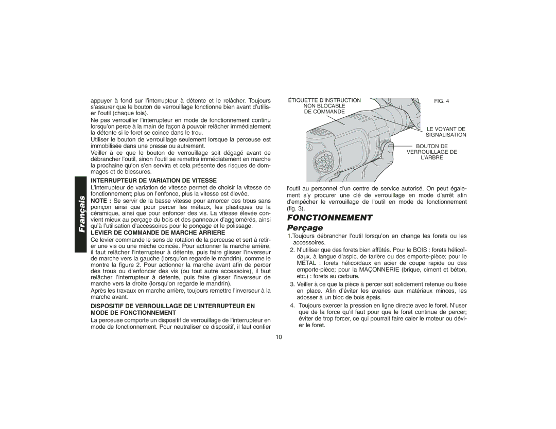 Epson DW217 instruction manual Perçage, Interrupteur DE Variation DE Vitesse, Levier DE Commande DE Marche Arriere 