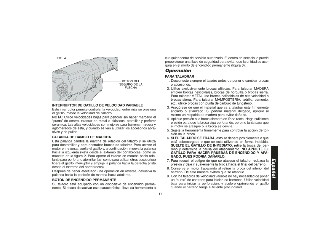 Epson DW217 Operación, Interruptor DE Gatillo DE Velocidad Variable, Palanca DE Cambio DE Marcha, Para Taladrar 