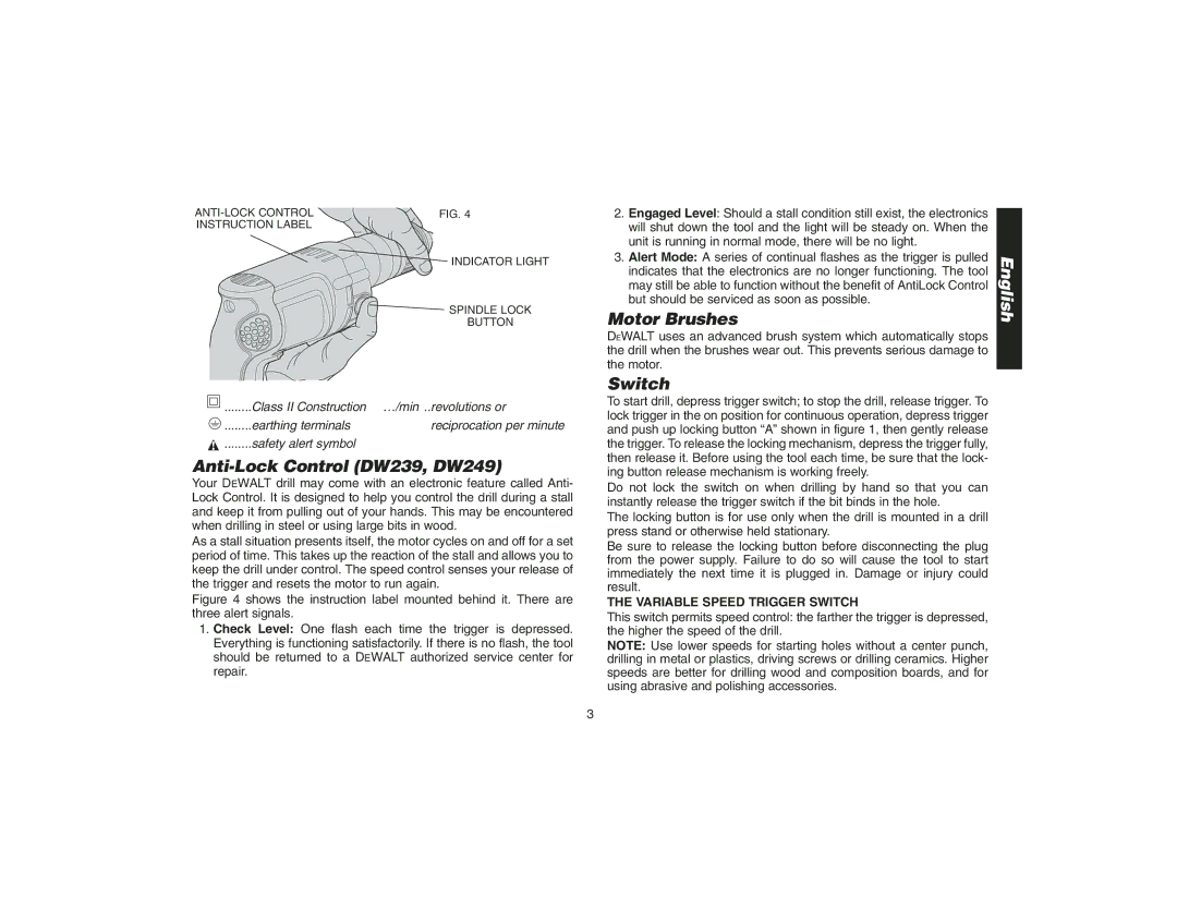 Epson DW217 instruction manual Motor Brushes, Anti-Lock Control DW239, DW249, Variable Speed Trigger Switch 