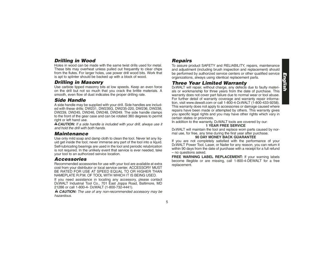 Epson DW217 instruction manual Drilling in Wood, Drilling in Masonry, Side Handle, Maintenance, Accessories, Repairs 