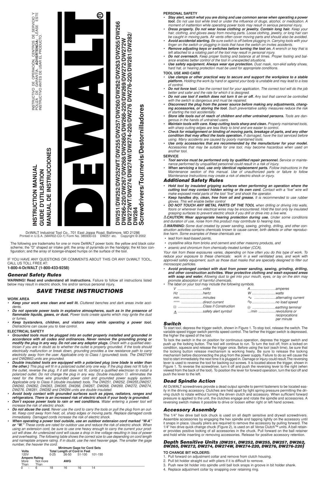 Epson DW251 instruction manual General Safety Rules, Additional Safety Rules, Switch, Dead Spindle Action 