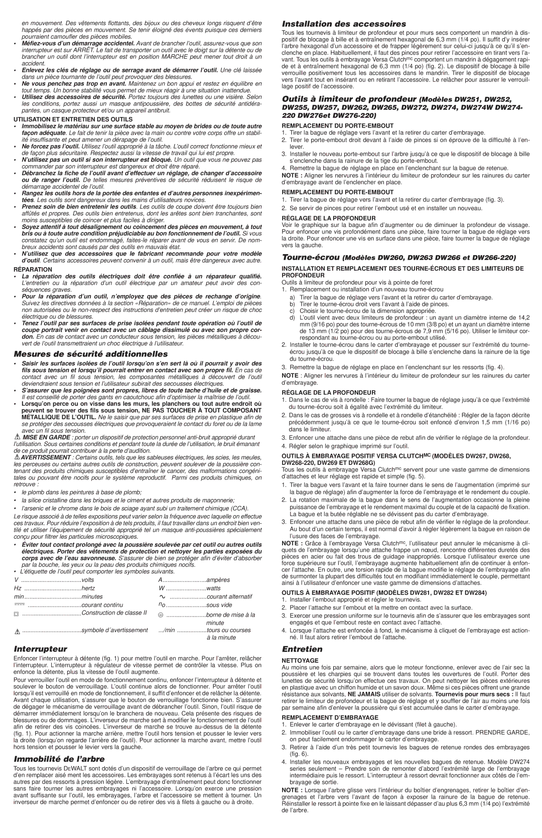 Epson DW251 Mesures de sécurité additionnelles, Interrupteur, Immobilité de l’arbre, Installation des accessoires 