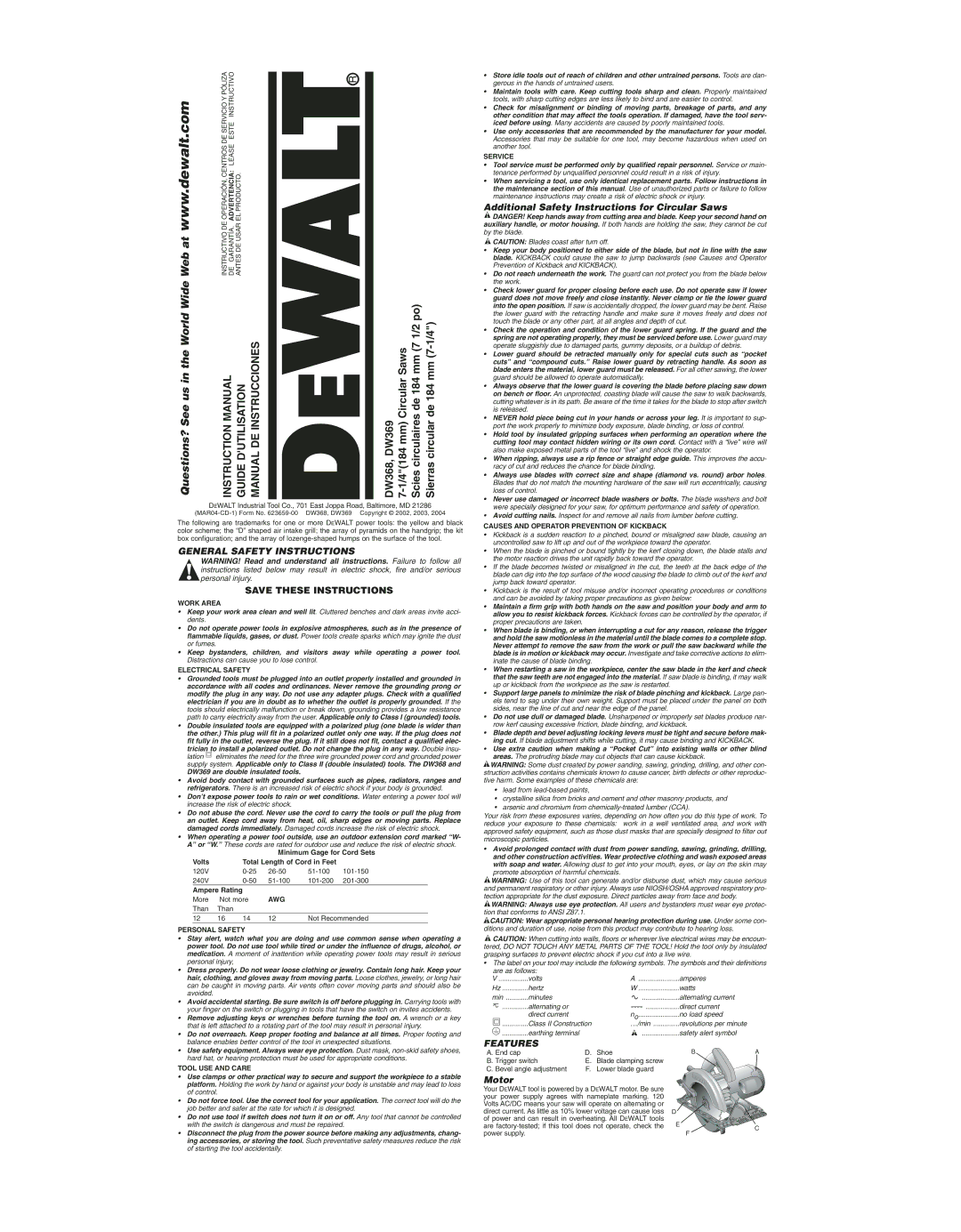 Epson DW368 instruction manual General Safety Instructions, Additional Safety Instructions for Circular Saws, Features 