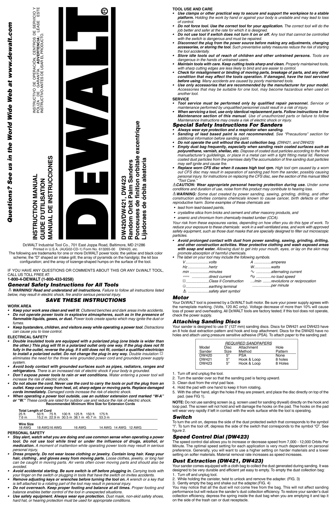 Epson DW420 instruction manual General Safety Instructions for All Tools, Special Safety Instructions For Sanders, Motor 